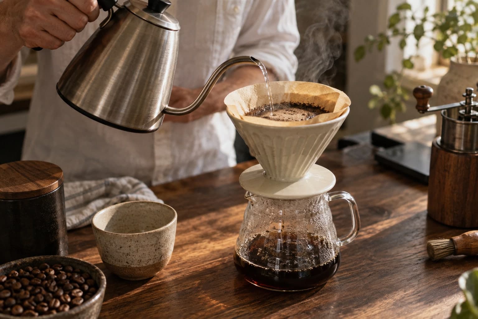 Pour-over coffee brewed by hand in a ceramic dripper